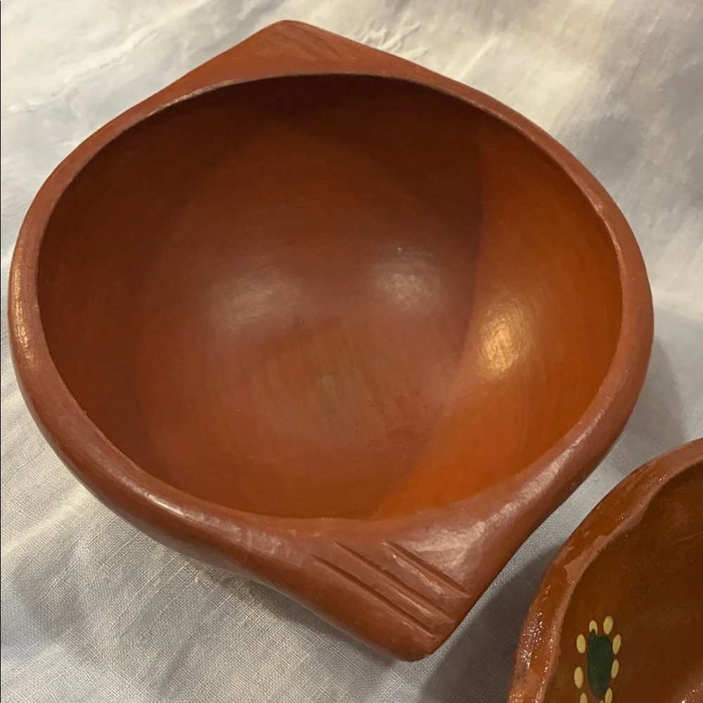 Hand Thrown Red Ware Pottery Bowls With Decorative Accents Red Ware Green Yellow